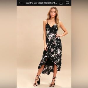 Lulu’s “Gild the Lily” Black Floral Print High Low Maxi Dress, Size XS